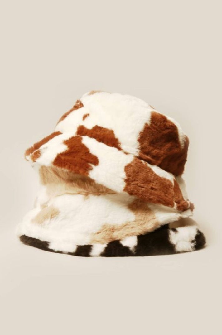 Cow Print Faux Fur Bucket Hat